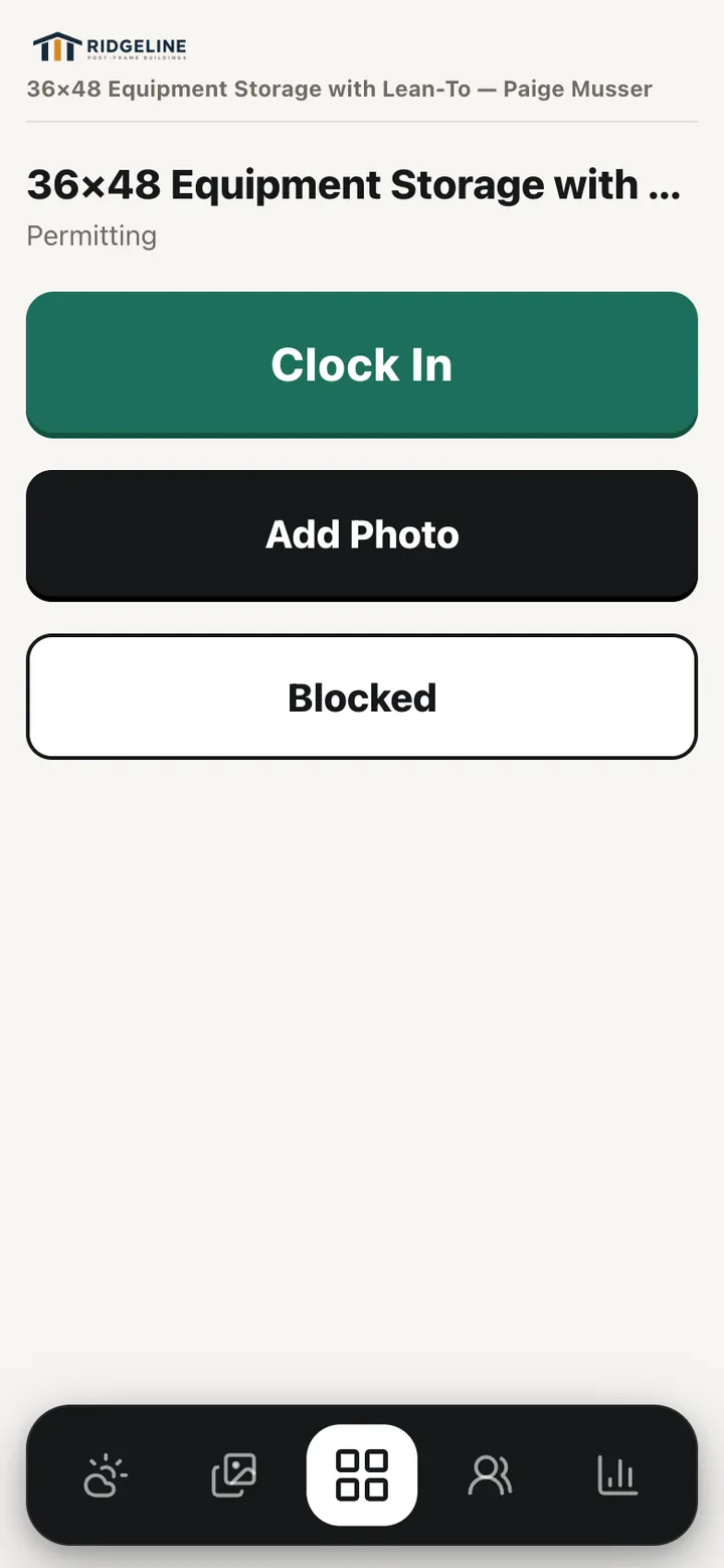 Crew portal on a phone: today's job with large Clock In, Add Photo and Blocked buttons above the five-door bar