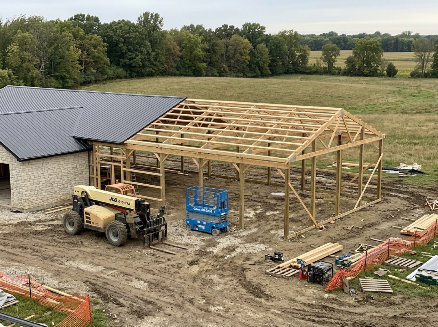 A telehandler setting steel on site